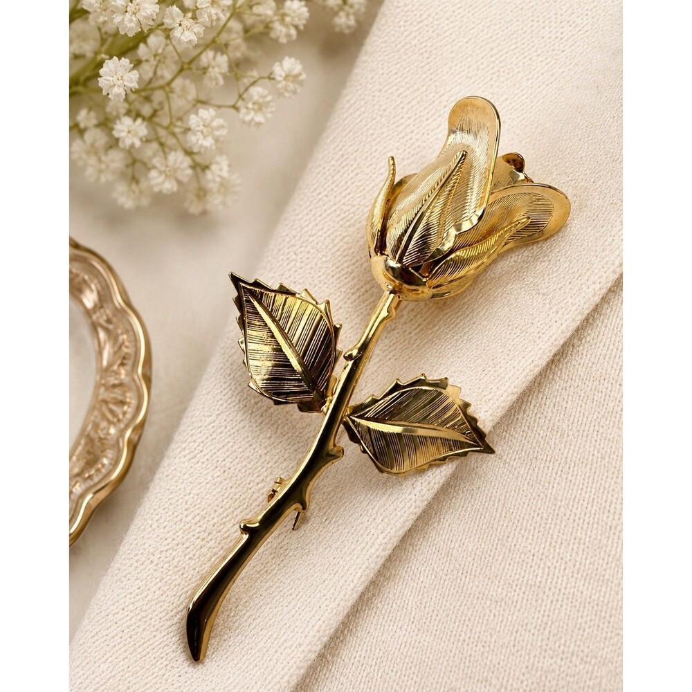 Vintage Gold Tone Rose Flower Brooch Pin Engraved Rosebud Floral Long Stem 1960
